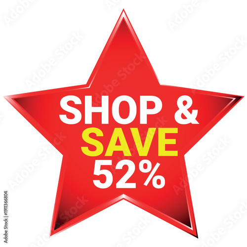 Red star with text shop and save fifty two percent sale discount batch