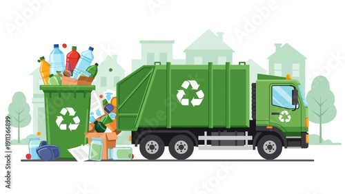 Green Garbage Truck Collecting Overflowing Trash Can in City.