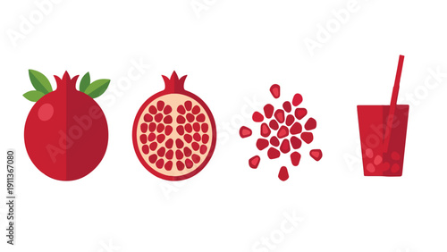 Red Pomegranate Fruit and Juice Icon Set, Whole Cut Seed Drink Collection Illustration