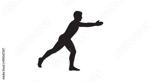 Silhouette of man in dynamic pose with outstretched arm in black on white background for fitness advertisement
