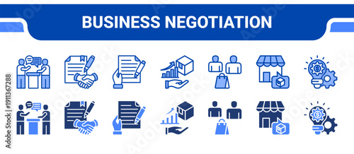 Business Negotiation Icon Collection,  featuring Negotiation, Agreement, Contract, Sales Growth, Customer, Market, Business Strategy.