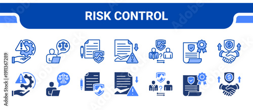 Risk Control Icon Collection,  featuring Risk Management, Legal advice, Breach, Damages, Dispute, Guarantee, Commitment.