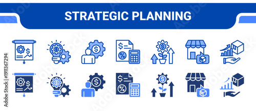 Strategic Planning Icon Collection,  featuring Business Plan, Business Strategy, Business Management, Budget, Investment, Market, Sales Growth.