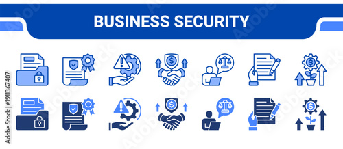 Business Security Icon Collection,  featuring Confidential, Guarantee, Risk Management, Commitment, Legal advice, Contract.