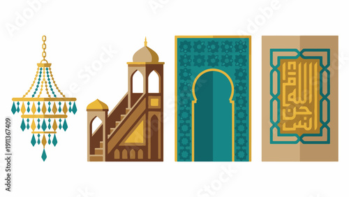Mosque Interior Design and Furniture Icon Set,  Chandelier Minbar Mihrab Calligraphy Collection