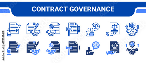 Contract Governance Icon Collection,  featuring Contract, Agreement, Business contract, Legal document, Legal advice, Enforcement, Commitment.