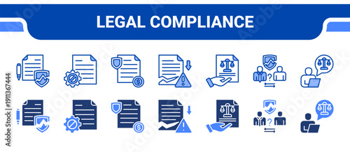 Legal Compliance Icon Collection,  featuring Breach, Termination, Indemnity, Damages, Enforcement, Dispute, Legal advice.