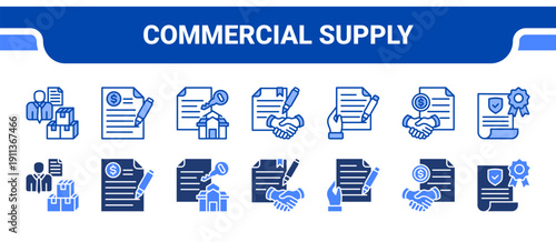 Commercial Supply Icon Collection,  featuring Supplier, Invoice, Lease, Agreement, Contract, Business contract, Guarantee.