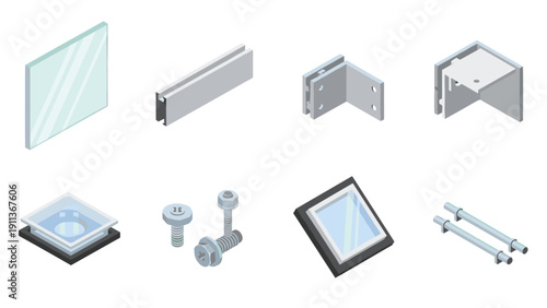 Glass and metal elements for construction projects in isometric design