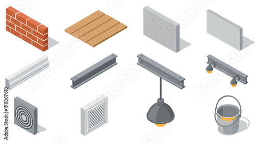Isometric construction elements collection: bricks, concrete, wood
