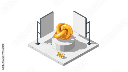 Isometric modern art sculpture in minimalist gallery setting