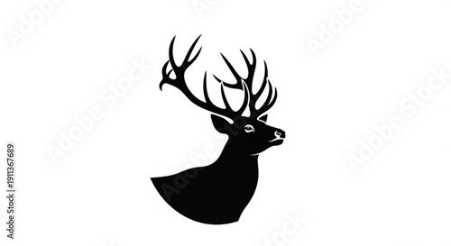 Black silhouette of a deer with large antlers on white background