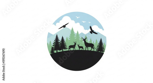 Deer and birds in a forest landscape with trees and sky