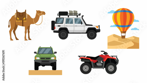 Desert Transportation and Adventure Vehicle Icon Set, Camel SUV Balloon Quad Bike Collection