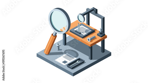 Isometric analysis scene with magnifying glass and tools on workbench