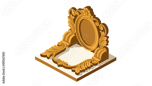 Baroque wooden frame isometric art with floral ornamentation and