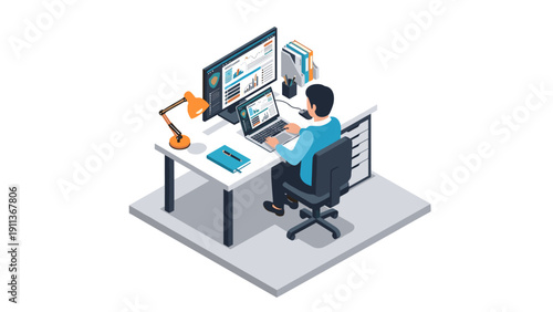 Modern workspace: isometric office scene with businessman analyzing