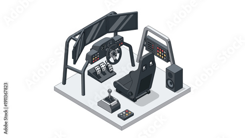 Immersive gaming simulator setup with steering wheel and triple