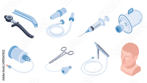 Isometric medical instruments set featuring syringe, scissors, and