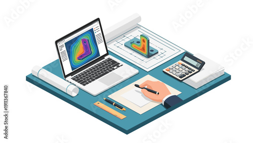 Isometric engineering workspace with 3d modeling and cad elements