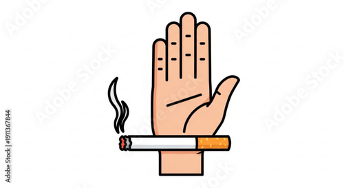 Hand with palm facing outward holding cigarette in refusal gesture