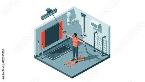 Virtual reality skiing experience in high-tech home gym room