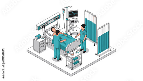 Isometric hospital room scene with doctors and patient in intensive