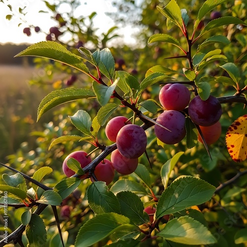 Close-up of ripe plums on branches with sunlight filtering through leaves
