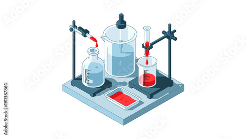 Isometric laboratory equipment with beakers and droppers for