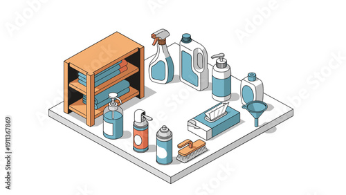 Isometric cleaning supplies arrangement with shelving and products