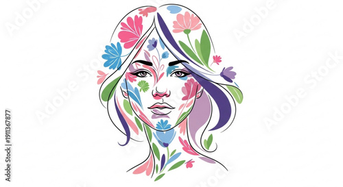 Woman's face with colorful flowers in hair and makeup design on skin