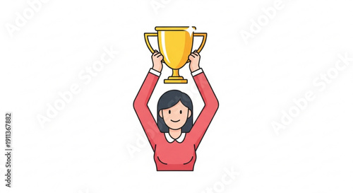 Woman holding golden trophy cup celebrating achievement and success with a happy expression