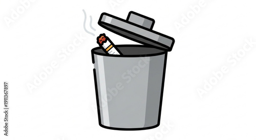 Smoking cigarette butt carelessly discarded in an open gray trash can
