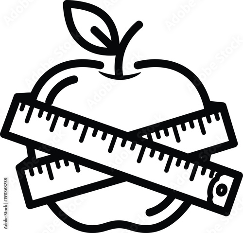 Black outline apple with measuring tape wrapped around it measure diet