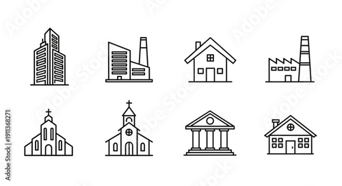 Collection of simple line art building icons for design.