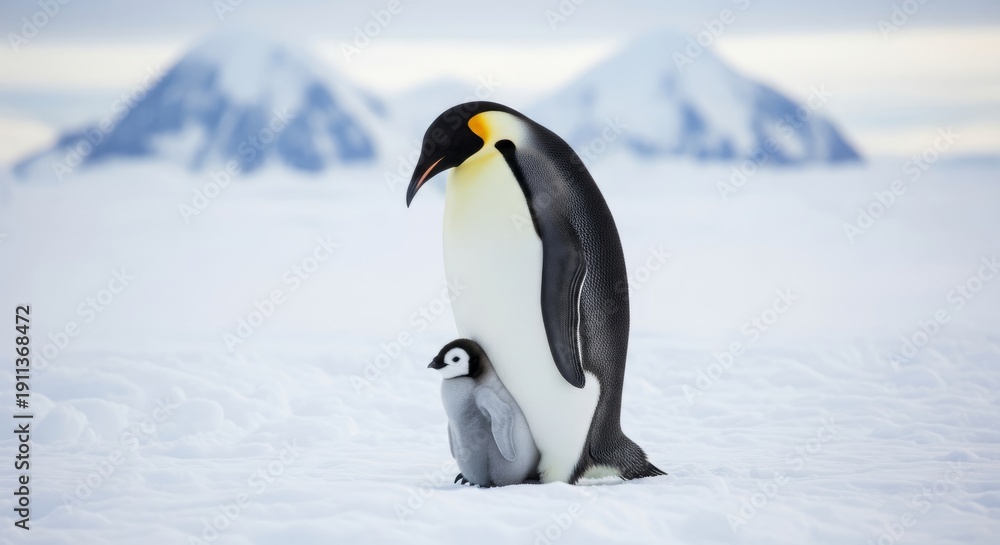 Obraz premium Penguin standing on icy Antarctic landscape, showing black and white plumage and upright posture. A flightless seabird adapted to cold marine environments.