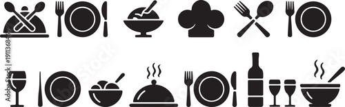 Food and Cutlery Icons Plate, Fork, Knife, and Spoon Vector Set