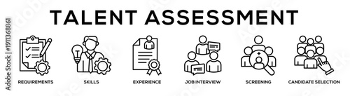 Line - Talent Assessment web banner icon vector illustration concept for business with icon of requirements, skills, experience, job interview, screening, Candidate.