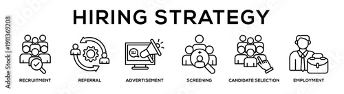 Line - Hiring Strategy web banner icon vector illustration concept for business with icon of recruitment, referral, advertisement, screening, Candidate Selection,.