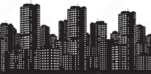 City Skyline Silhouette with Tall Buildings and White Background