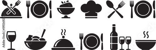 Food and Cutlery Icons Plate, Fork, Knife, and Spoon Vector Set