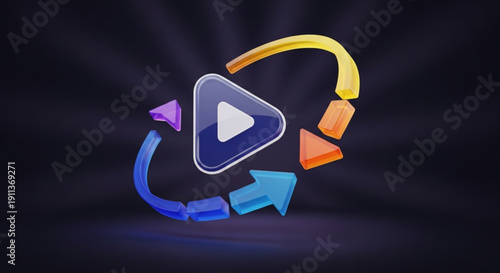 Colorful play button icon with circular arrows on dark background symbolizing video playback and looping