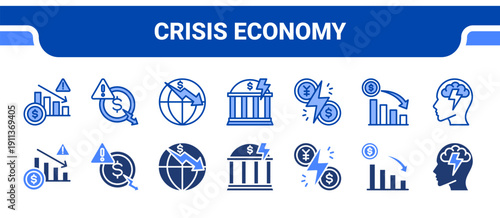 Crisis Economy Icon Collection,  featuring Economic Crisis, Financial Crisis, Global Crisis, Crisis, Conflict, Recession, Depression.