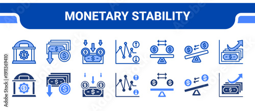 Monetary Stability Icon Collection,  featuring Monetary Policy, Inflation, Devaluation, Volatility, Balance, Liquidity, Central Banking.