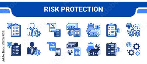 Risk Protection Icon Collection,  featuring Insurance Policy, Financial Advisor, Tax Calculate, Cost, Budget, Planning, Management.