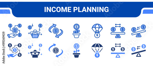 Income Planning Icon Collection,  featuring Income, Passive Income, Cash Flow, Return On Investment, Fund, Balance, Liquidity.