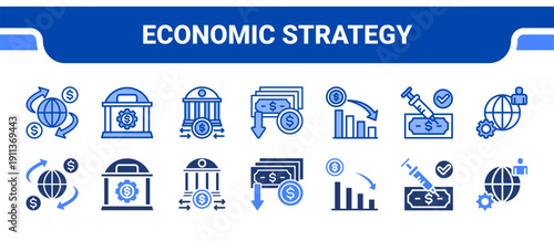 Economic Strategy Icon Collection,  featuring Global Economy, Monetary Policy, Fiscal, Inflation, Recession, Stimulus, Globalization.