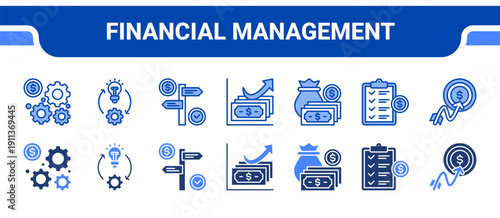 Financial Management Icon Collection,  featuring Management, Solution, Financial Guide, Finance, Budget, Planning, Target.