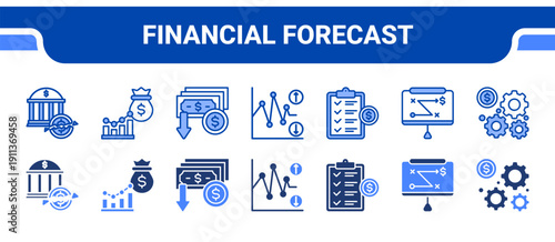 Financial Forecast Icon Collection,  featuring Risk Forecast, Analytics, Inflation, Volatility, Planning, Presentation, Management.