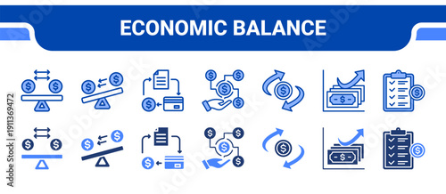 Economic Balance Icon Collection,  featuring Balance, Liquidity, Credit, Income, Cash Flow, Finance, Planning.